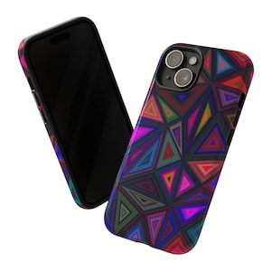 May include: Two black smartphones with colorful geometric patterned cases. The cases feature a repeating triangular design in shades of red, blue, green, purple, and orange. The phones are set against a white background.