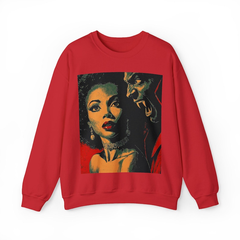 Black Horror Sweatshirt, Afro Woman with Vampire Monster Long Sleeve Top Cherry Red