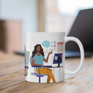 May include: White ceramic mug with a colorful illustration of a person working at a computer with a calendar and other icons. The text "Let's talk" is in a speech bubble above the person's head.