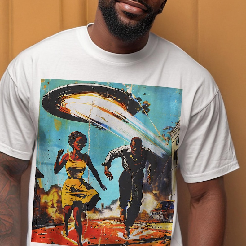 Couple Running from Alien Invasion Shirt | Sci Fi Style, Retro Space Sighting Tee White
