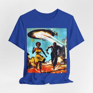 Couple Running from Alien Invasion Shirt | Sci Fi Style, Retro Space Sighting Tee True Royal