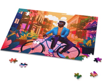 Black Man on Bike Puzzle - African American - Leisure Travel - Tourism Art - Urban Setting - Jigsaw Puzzle - Afro Melanin - Brothers Bicycle