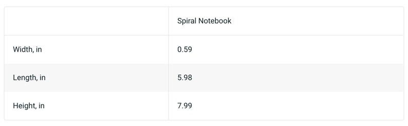 May include: Spiral notebook dimensions: 0.59 inches wide, 5.98 inches long, and 7.99 inches high.