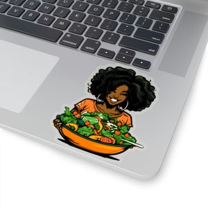 Salad Girl Sticker - Black Women Eat Healthy - African American - Laptop Decal - Kiss Cut Transparent - Vegan Brown Skin - Health Wellness