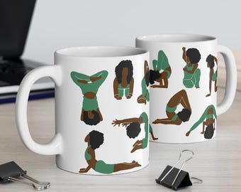 Afro Yoga Poses Mug | Black Women Health Wellness, Melanin Fitness Style, Workout Journey Gift