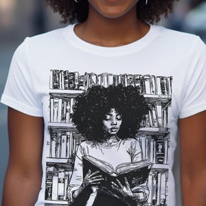 May include: A black and white illustration of a woman with an afro reading a book in front of a bookshelf. The woman is wearing a white shirt and has a serious expression on her face.