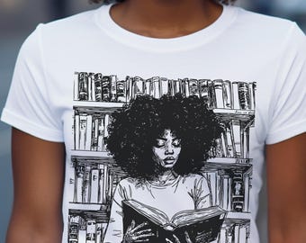Afro Woman Reading T-Shirt: Black Girl Art, Book Lover Gift