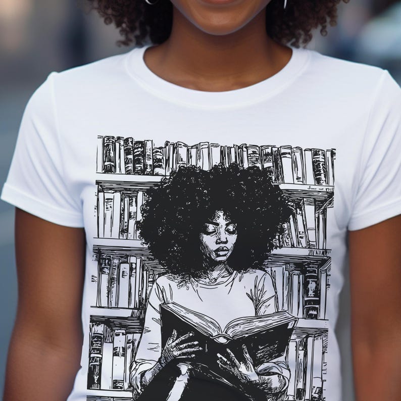 May include: A black and white illustration of a woman with an afro reading a book in front of a bookshelf. The woman is wearing a white shirt and has a serious expression on her face.