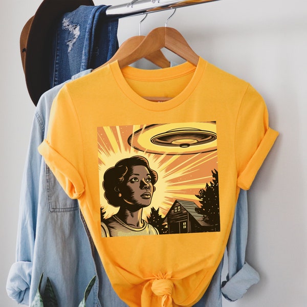 UFO Invasion Shirt - Black Woman - Vintage Illustration - Alien Arrival - African American - Old School - Afro SciFi Pulp