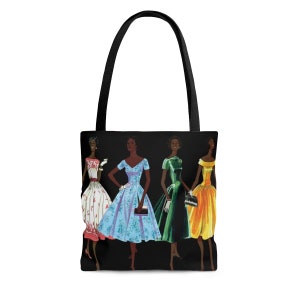Sac fourre-tout à la mode vintage - sacs afro-américains - old school - art femme noire - illustration de style années 1950 - peau brune - histoire du vêtement