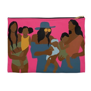 Black Motherhood Accessory Pouch - Brown Women with Babies Design - New Mom Gift Bag - Nursing Mama Style - Afrocentric Family Print
