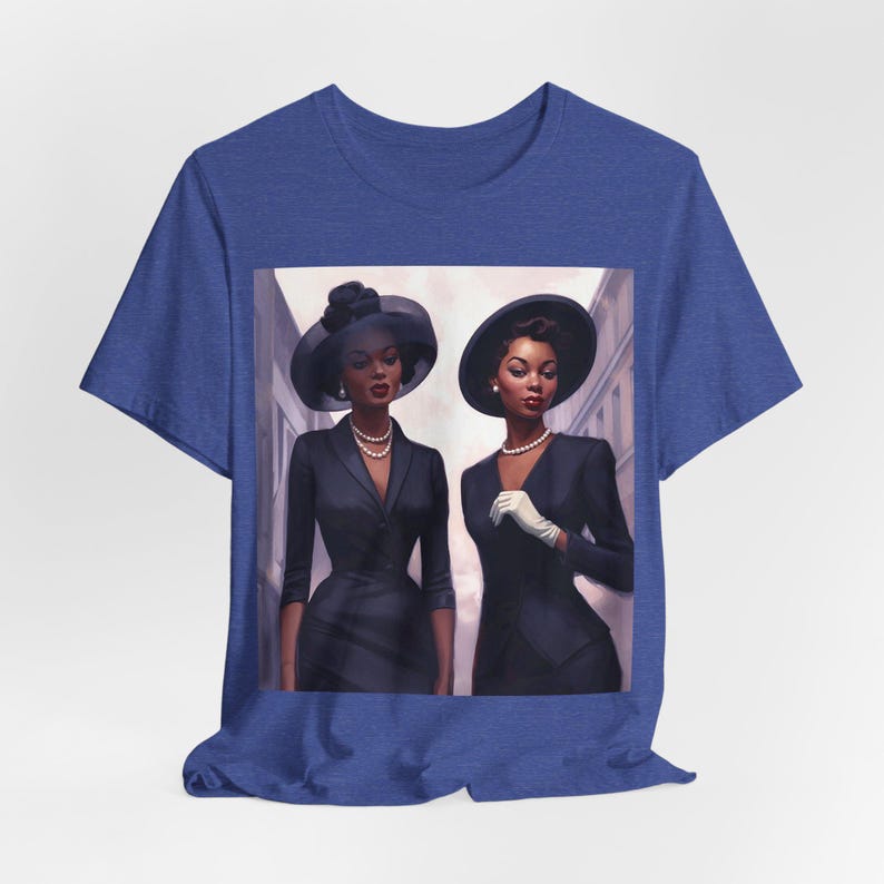 May include: Two women in black suits and hats walk down a street. They are both wearing pearl necklaces and one is wearing white gloves.