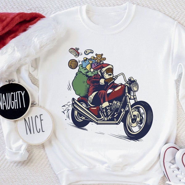 Motorcycle Santa Sweatshirt - Adult Unisex - Coming to Town - African American - Brown Skin - Christmas Holiday - Here Comes Claus