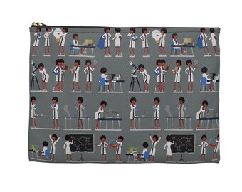 May include: A gray zippered pouch with a repeating pattern of black women scientists in white lab coats. The scientists are shown performing various tasks in a laboratory setting, including working with beakers, microscopes, and telescopes. The pouch is a great way to store small items and show your support for women in STEM.