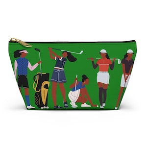 May include: A green zippered pouch featuring a repeating graphic print of various figures playing golf. The illustration depicts individuals in athletic attire, including skirts, shorts, and polo shirts, holding golf clubs and standing near a golf bag.