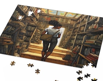 Buchladen Spaziergang Puzzle: Braune Haut Mädchen lesend - Bibliothek Szene Jigsaw