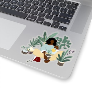 Plant Woman Sticker - Kiss-Cut Stickers - African American - Black Girl Laptop Decal - Planner Stickers - Afro Woman - Indoor Plant Lover