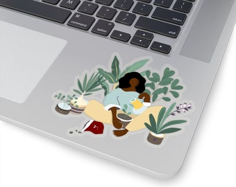 Plant Woman Sticker - Kiss-Cut Stickers - African American - Black Girl Laptop Decal - Planner Stickers - Afro Woman - Indoor Plant Lover
