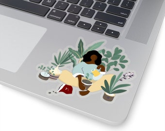 Pegatina de Mujer Planta: Calcomanía para portátil de Chica Negra - Amante de las Plantas de Interior