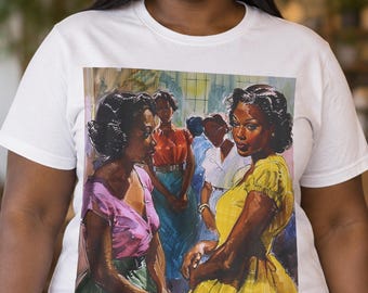 May include: A white t-shirt featuring a rectangular graphic print of a group of individuals in a room. The illustration depicts figures wearing colorful clothing, including a purple top, an orange blouse, and a yellow dress, rendered in a painterly style.