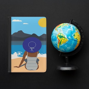 Funda para pasaporte de viaje a la playa - Cartera de vacaciones para mujer negra - Diseño con vista al mar - Porta pasaporte RFID - Regalo para amantes de los viajes - Piel morena de verano