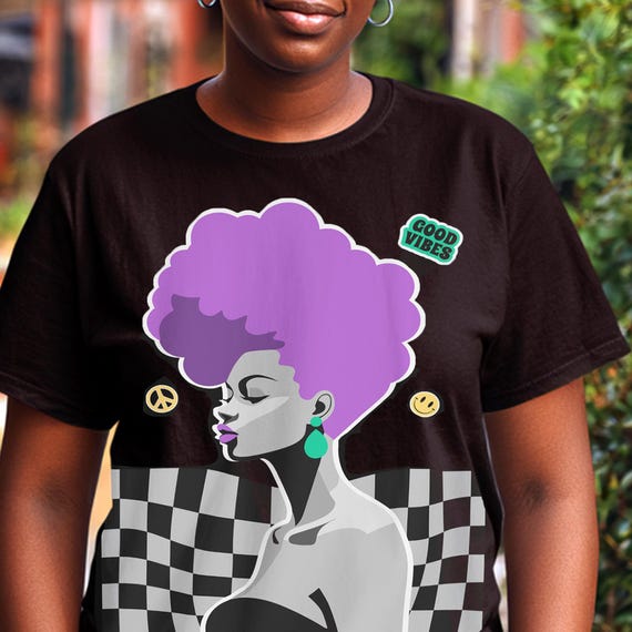 Afro Mohawk Woman T-Shirt | Checkerboard Pattern, Y2K Good Vibe Energy, 90s Retro Tee Style