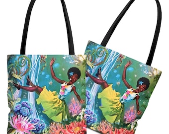 Surreal Sci-Fi Afrofuturism Tote Bag | Underwater Alien Plant, Black Woman Art
