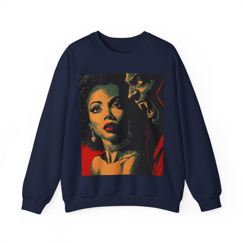 Black Horror Sweatshirt, Afro Woman with Vampire Monster Long Sleeve Top Navy