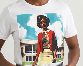 Vintage T-shirt uit de jaren 60 met zwarte vrouw | Retro T-shirt met afbeelding van een universiteitscampus of HBCU
