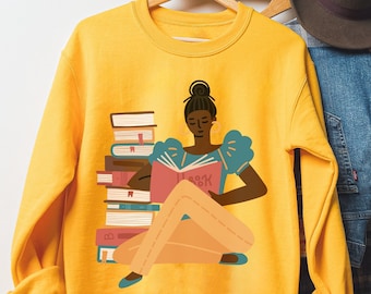 Girl Reading Sweatshirt - Black Women Read - Afrocentric Tops - Bookish Gifts - African American - Book Lovers