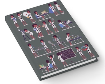 May include: A hardbound journal with a dark gray cover. The cover features a repeating pattern of a cartoon scientist in various lab settings. The scientist is wearing a white lab coat and brown pants. The journal has a white spine.