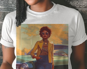 70s Vibe Tee: Black Woman, Classic Car, Vintage Culture