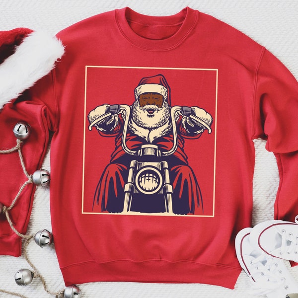 Black Santa Sweatshirt - Holiday Motorcycle - Adult Unisex - Pullover Fleece Crewneck - Brown St Nick - African American Christmas - Vintage