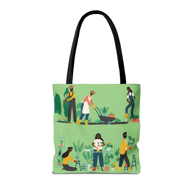 May include: Green tote bag with black handles featuring a garden scene illustration. The design shows people gardening with plants, a wheelbarrow, and tools. The bag is made of a durable material and is suitable for carrying groceries or other items.