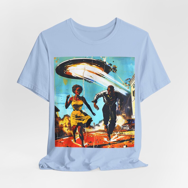 Couple Running from Alien Invasion Shirt | Sci Fi Style, Retro Space Sighting Tee Baby Blue