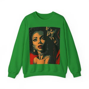 Black Horror Sweatshirt, Afro Woman with Vampire Monster Long Sleeve Top Irish Green