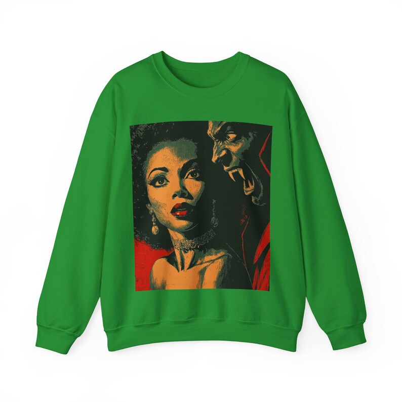 Black Horror Sweatshirt, Afro Woman with Vampire Monster Long Sleeve Top Irish Green