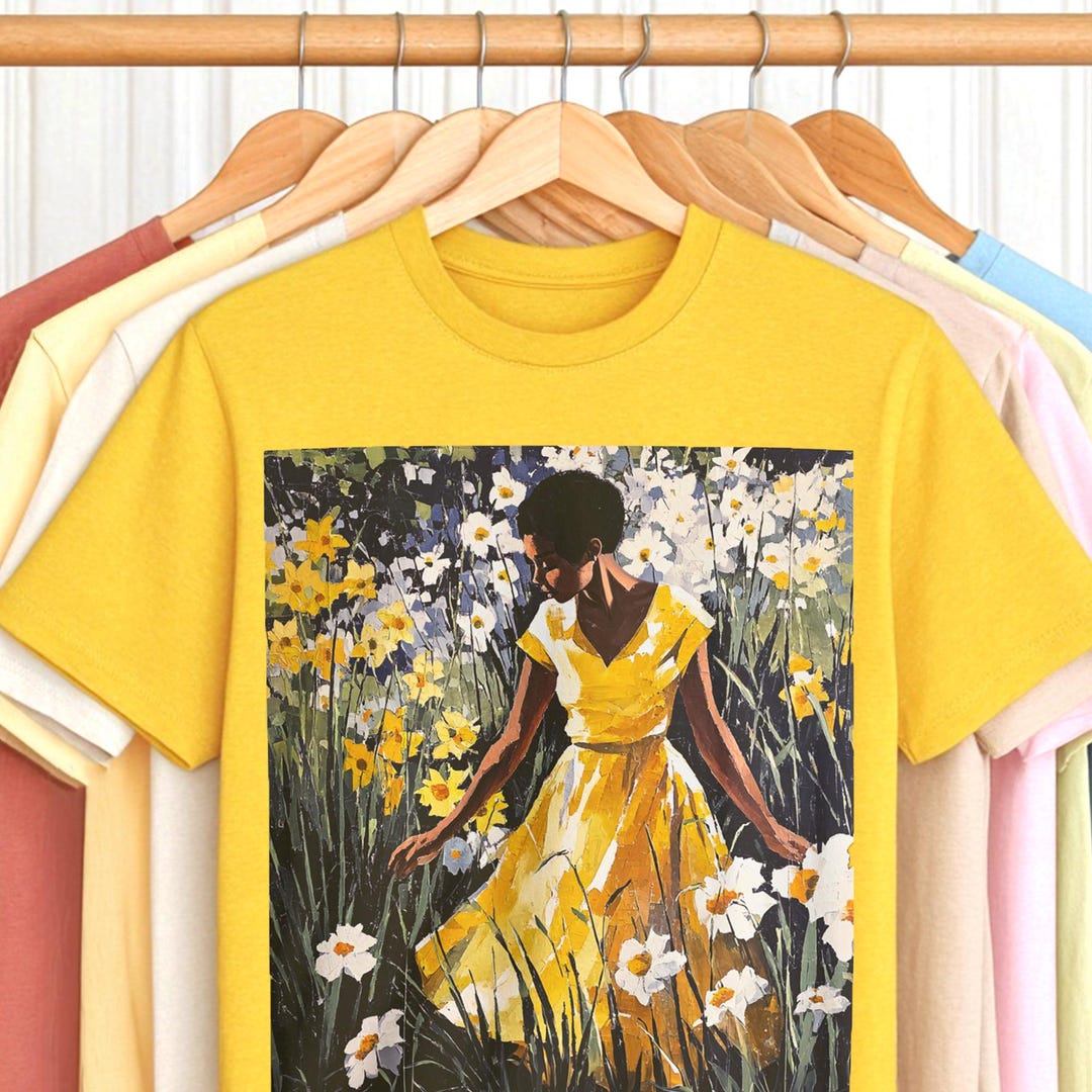 Spring Blake Tee Spring Flowers T-shirt | Black Woman in Floral Field, Daisy Meadow ...