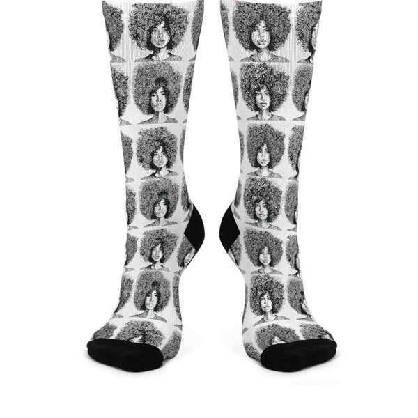 Afro Doodle Crew Socks - Cushioned Footwear - Black Woman Illustration - Afrocentric Socks - Adult Unisex - One Size Fits