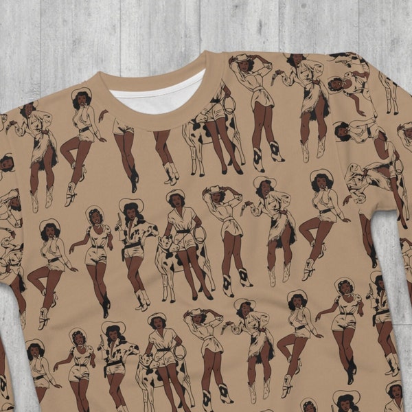 Cowgirls AOP Sweatshirt - Vintage Melanin - African American Tops - Wild West - Rodeo Style - Old School - Black Woman - Brown Skin