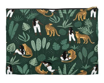 Bolsa de accesorios con diseño de mujer negra y guepardo: bolso botánico verde con cremallera