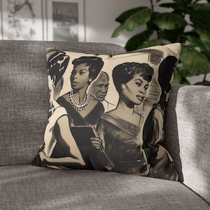 Vintage Melanin Ladies Square Pillow - Retro Vibe - Afrocentric Home Decor - Black Woman Art - Sisterhood Style - Brown Girls