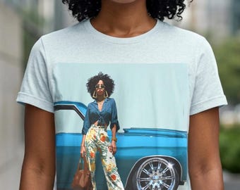 Black Woman with Classic Car Graphic T-shirt | Automobile with Rims, Afro Lady Tee