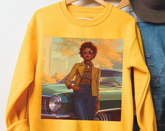 70s Style Black Woman Sweatshirt: Melanin Lady, Vintage Car