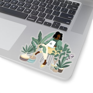 Black Woman with Plants Sticker - Kiss-Cut Stickers - African American - Planner Sticker - Laptop Decal - Plant Lover - Indoor Plant Sticker