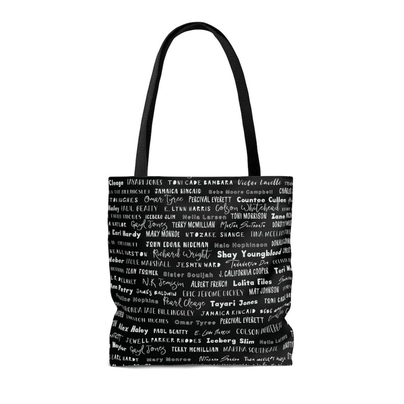 Black tote with Black authors written all over it in white