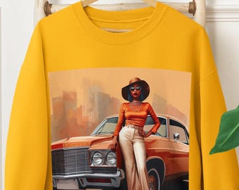 70s Throwback Sweatshirt: Black Woman, Classic Car - Retro Afro Lowrider