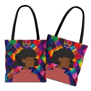 May include: Two tote bags with black handles featuring a colorful geometric diamond pattern background. Each bag displays a graphic illustration of a person in profile wearing round glasses and a pink shirt, topped with a yellow crown icon above.