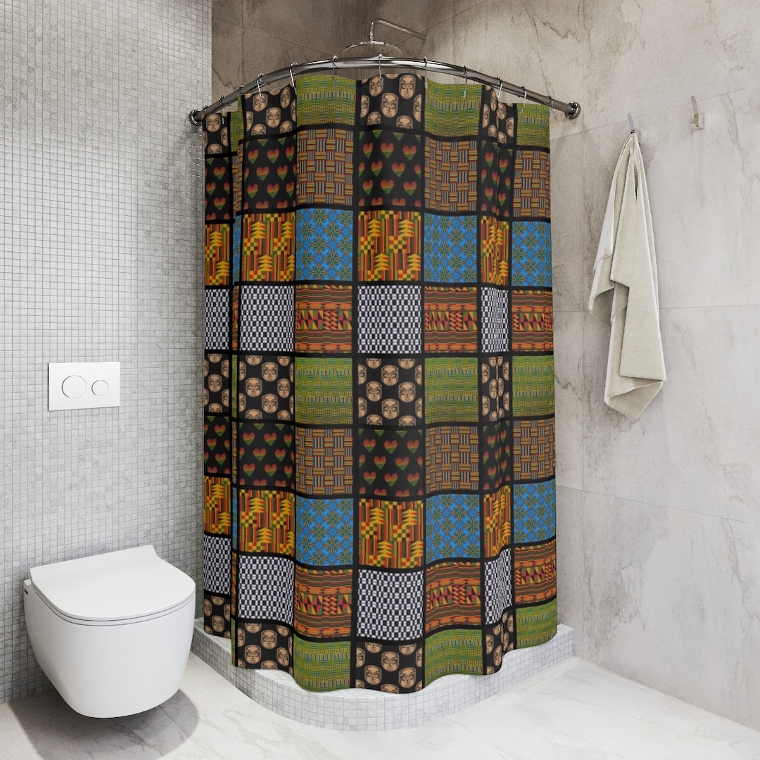 African Pattern Shower Curtain Quilt Style Afrocentric Bathroom Bath