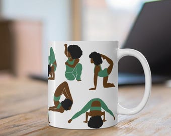 Black Women Yoga Mug – Afro Yoga Poses – Wellness Gift – Fitness Inspiration Cup – Meditating Melanin – Stretch & Sip Style – Yogi Vibes